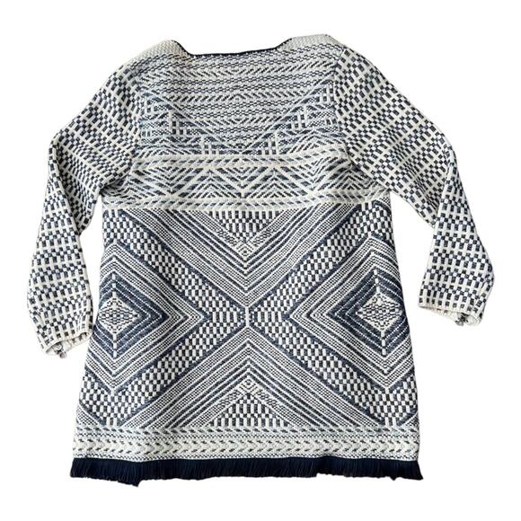Lucky Brand Aztec Tweed Blazer Size Small Fringe Blue and Cream Knit - Picture 2 of 6